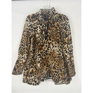 Susan Graver Weekend Leopard Print Mock Neck 1/4 Zip Pullover Top Women's M